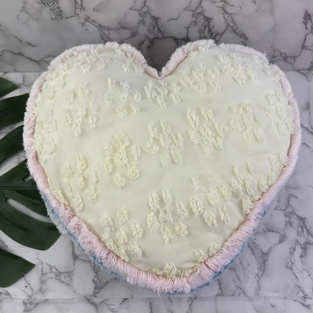 Blue Moon Vintage 90s Chenille Heart Shaped Throw Pillow White Pink Floral
